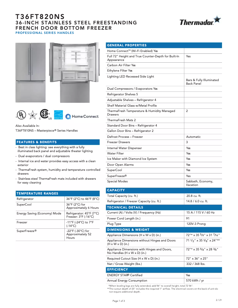 Page 1 of the manual Technical Sheet Thermador T36FT820NS