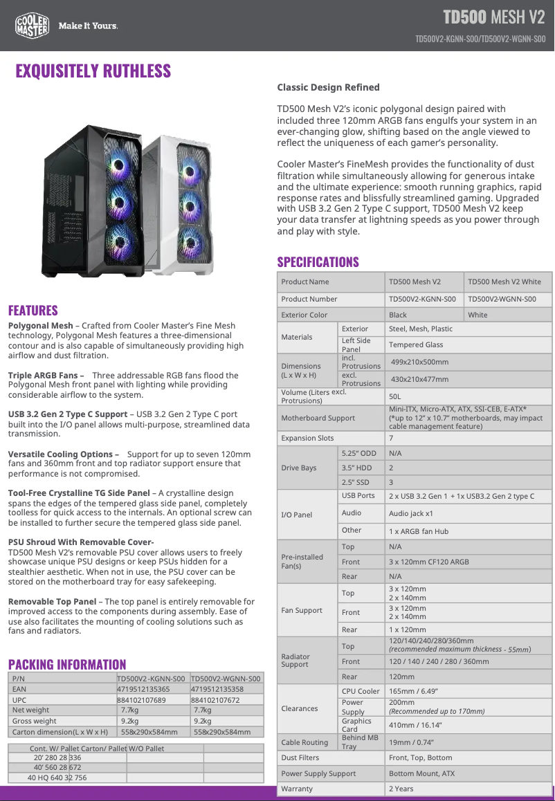 First page image of the manual for MasterBox TD500 Mesh V2