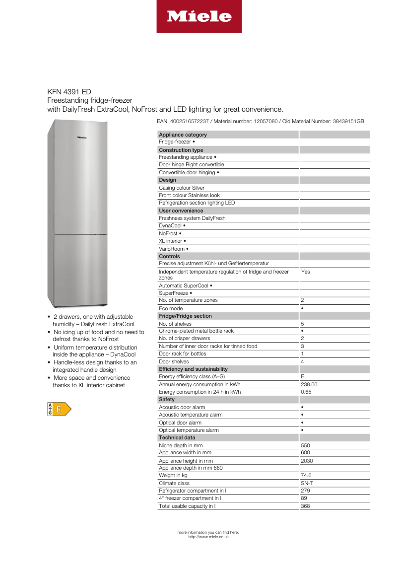 Page 1 of the manual Technical Sheet Miele KFN 4391 ED