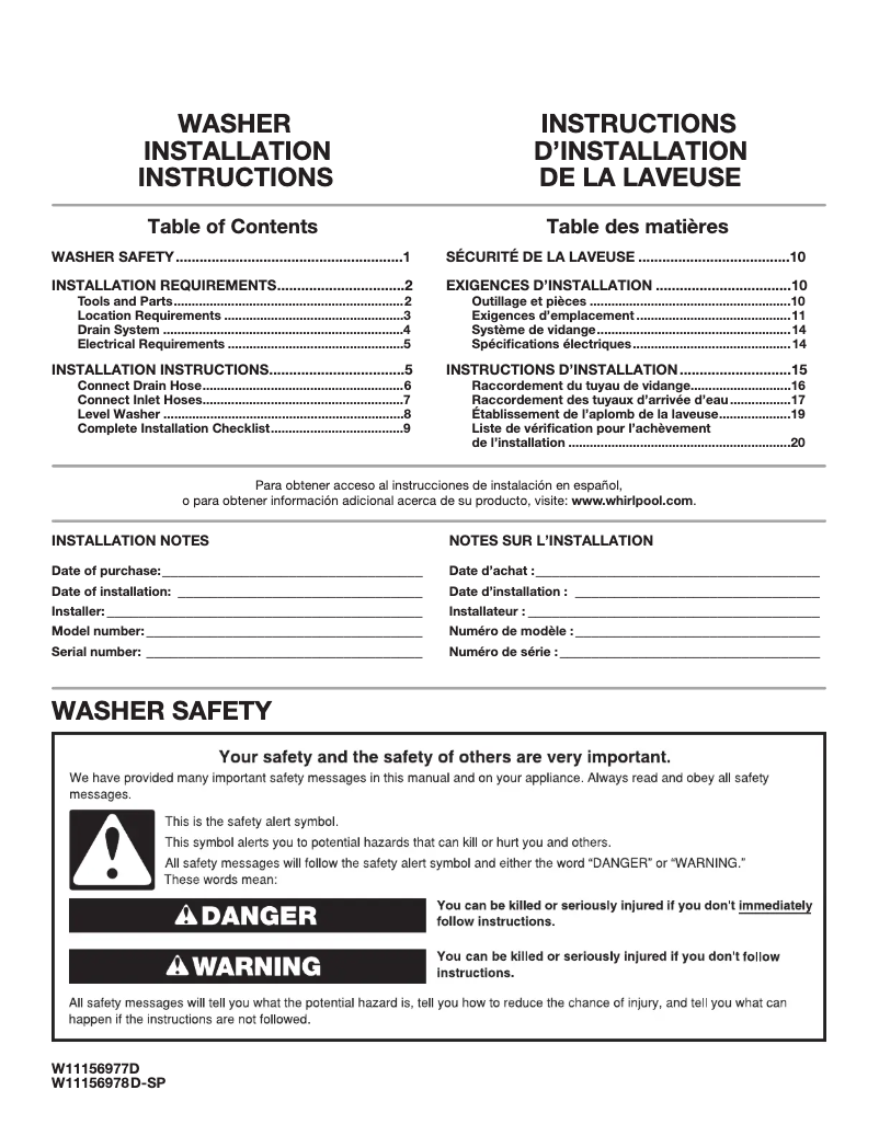 First page image of the manual for WFW8620HC
