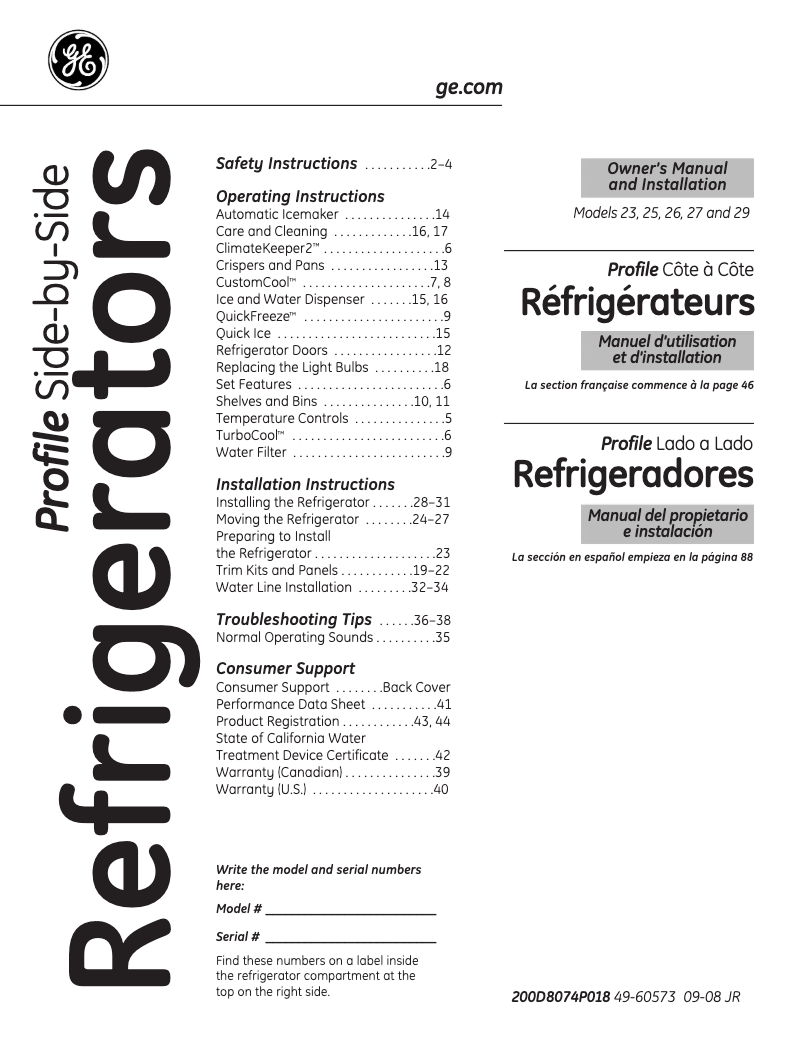 First page image of the manual for Profile PSHF6TGXBB