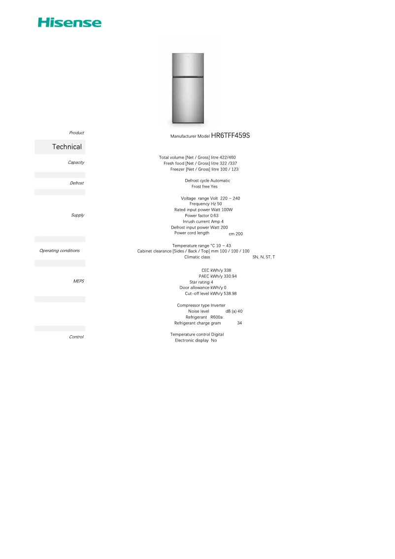 First page image of the manual for HR6TFF459S