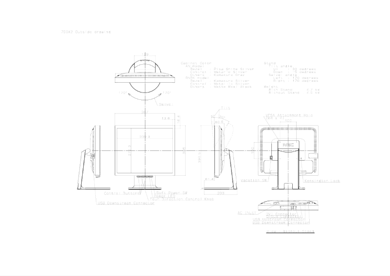 Page 1 of the manual Technical Drawing NEC MultiSync 70GX2