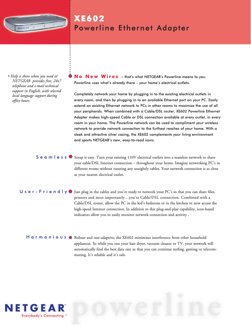 Page 1 of the manual Technical Sheet Netgear XE602