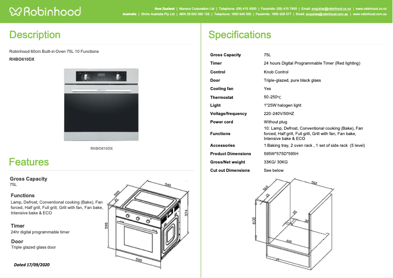 First page image of the manual for RHBO610DX