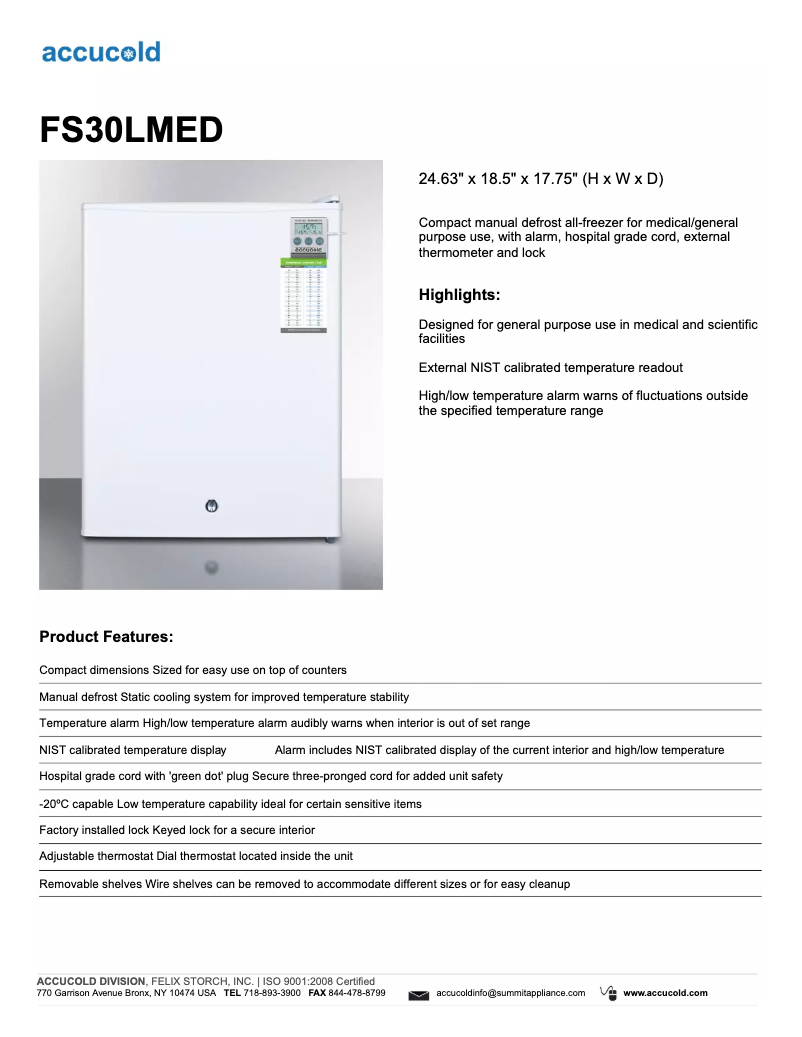 First page image of the manual for Accucold FS30LMED