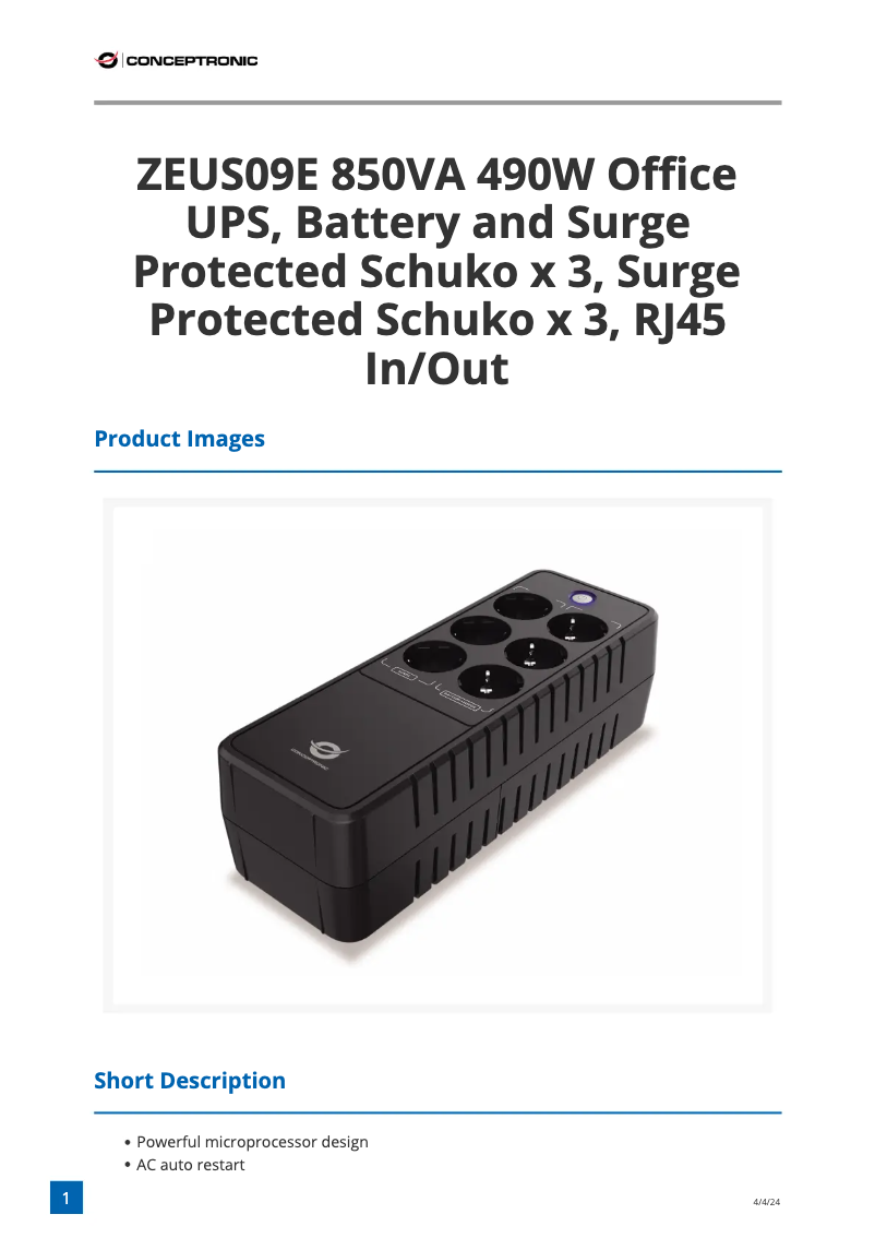 Page 1 of the manual Technical Sheet Conceptronic ZEUS09E