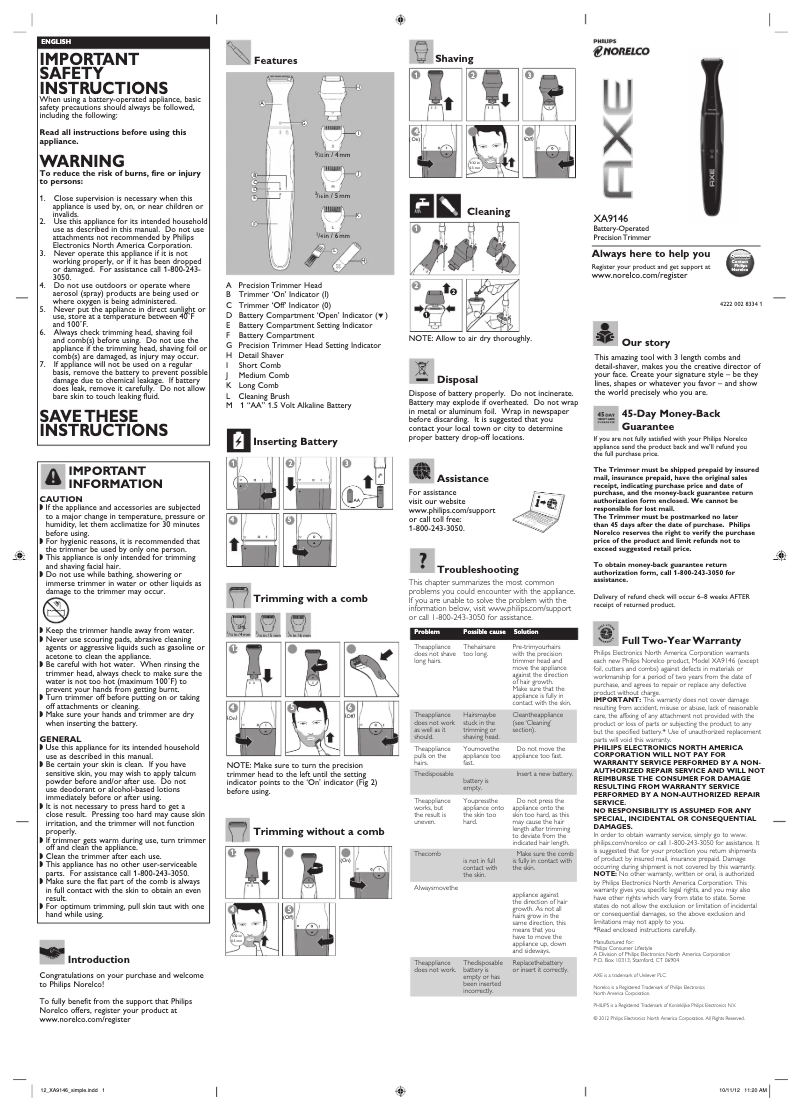 First page image of the manual for Norelco XA9146