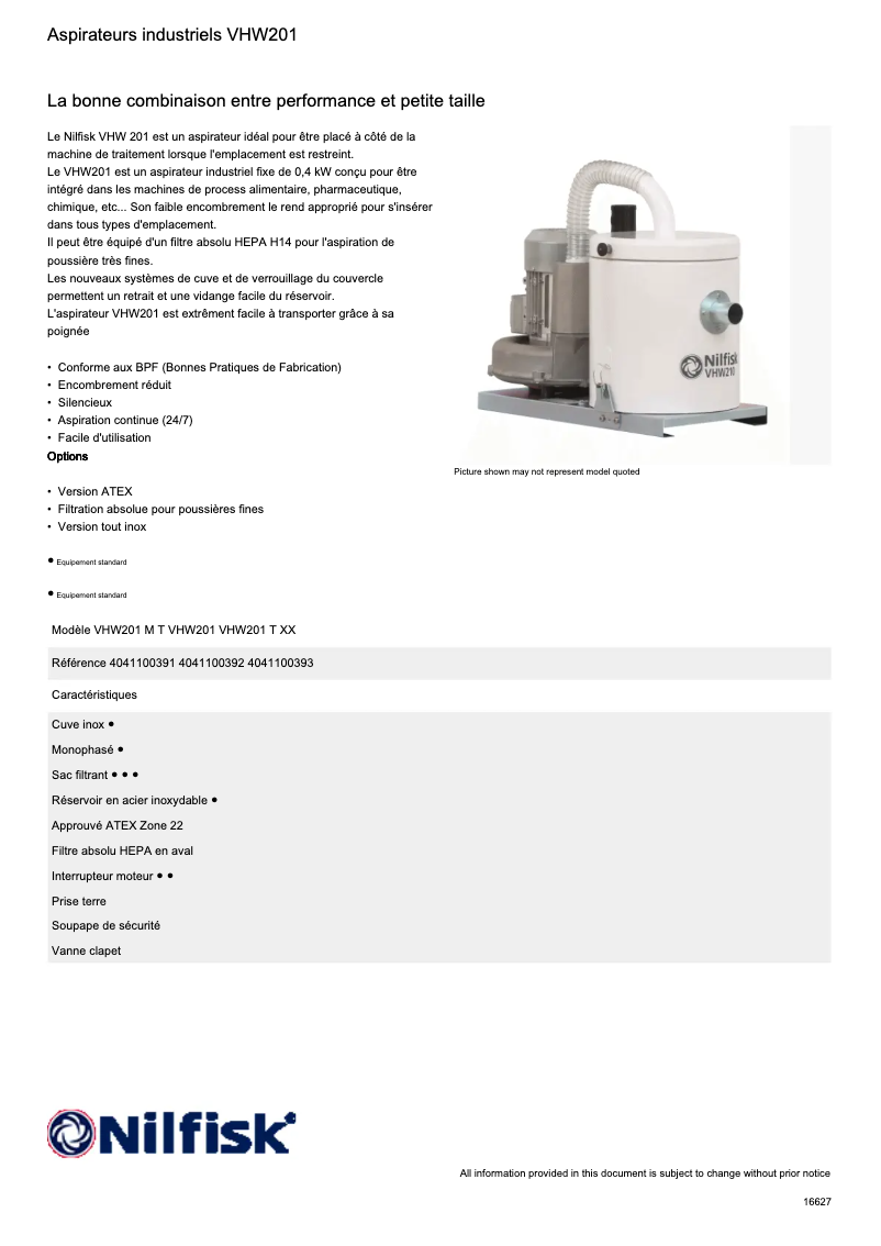 Page 1 of the manual Technical Sheet Nilfisk VHW201