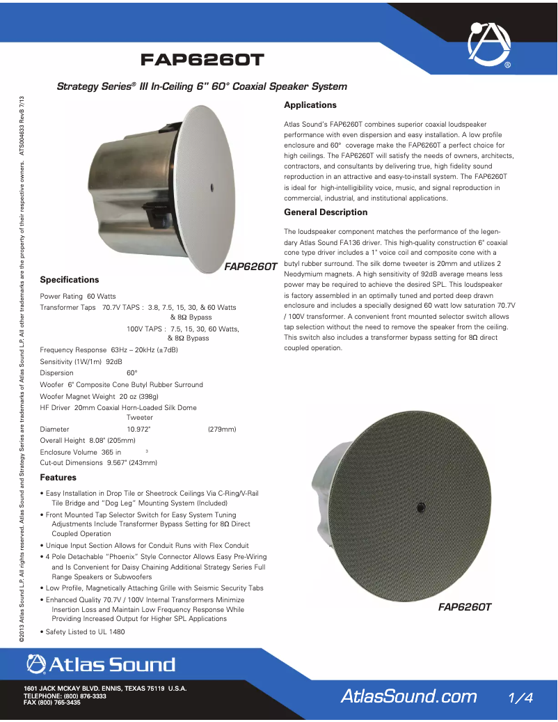 Page 1 of the manual Instruction Manual Atlas Sound FAP6260T