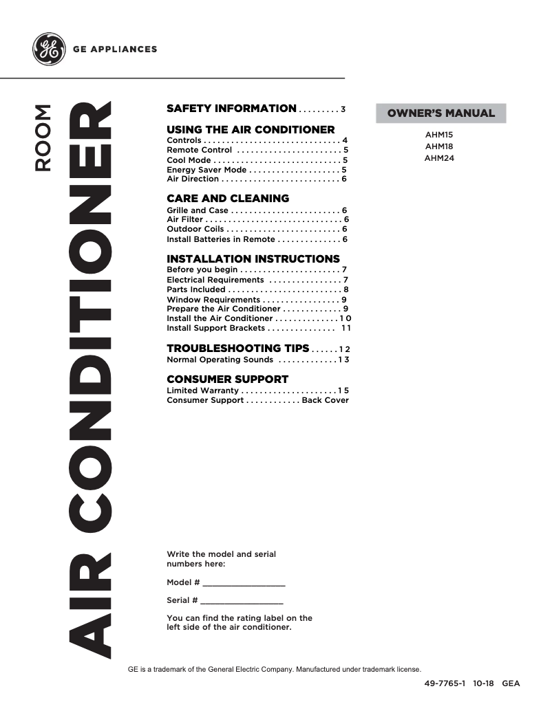 Page 1 of the manual Use and Maintenance Manual GE AHM24DY