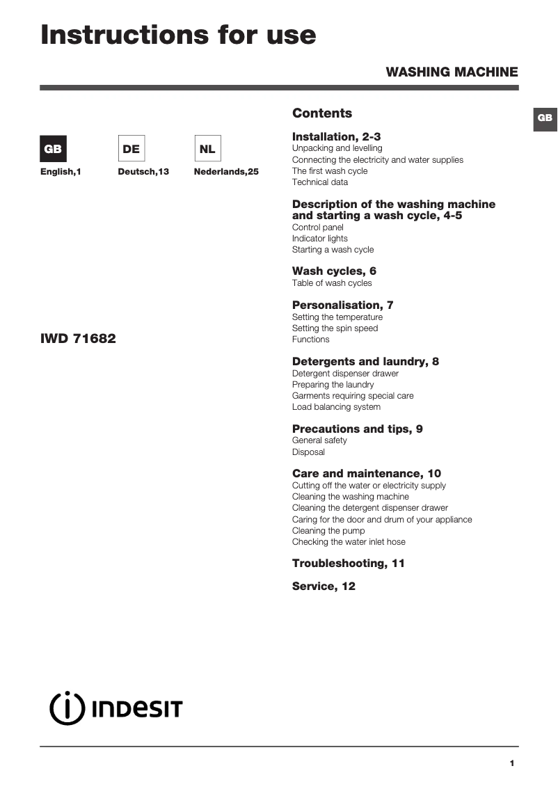 First page image of the manual for IWD 71682