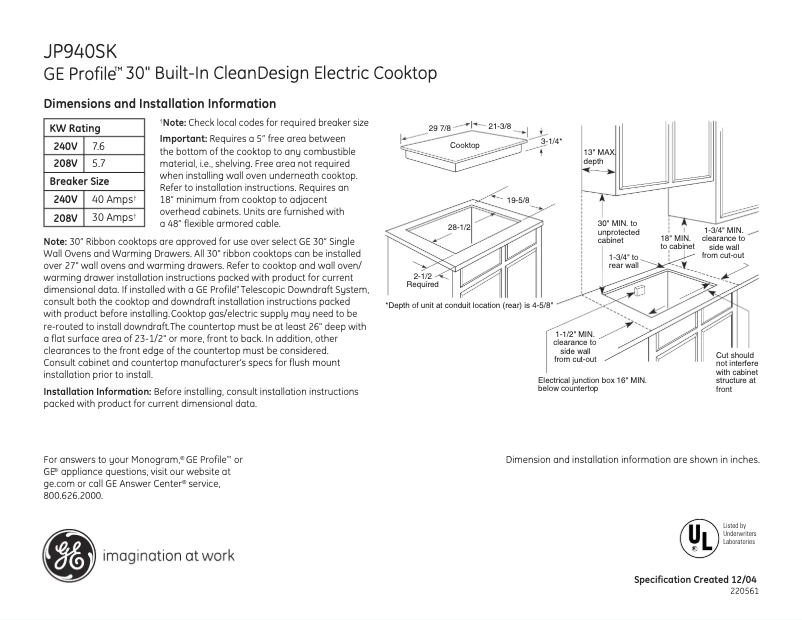 Page 1 of the manual Technical Sheet GE Profile JP940SKSS