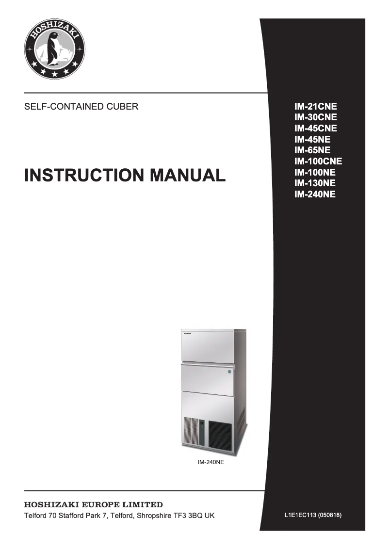 Page 1 of the manual User Manual Hoshizaki IM-130NE