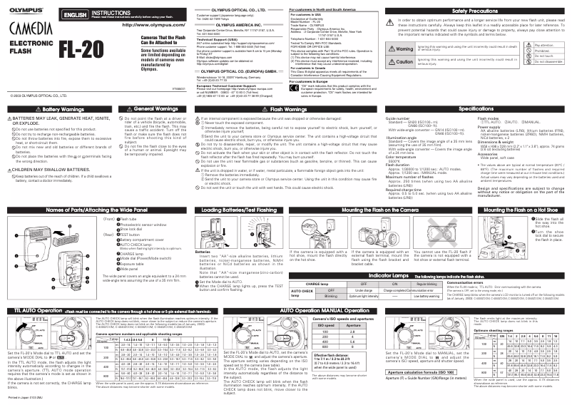 Page 1 de la notice Manuel utilisateur Olympus FL-20