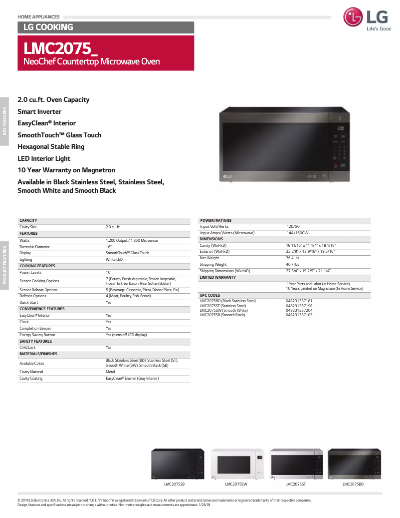 Page 1 of the manual Technical Sheet LG LMC2075ST