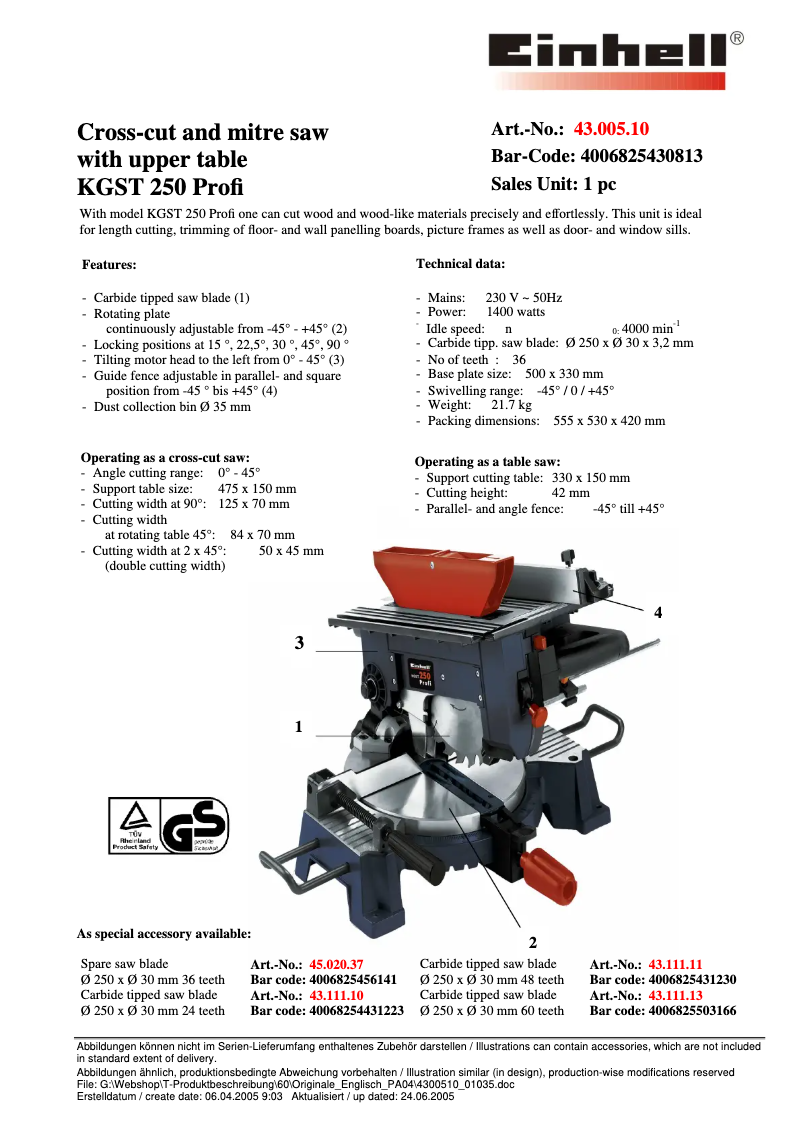 Page 1 of the manual Technical Sheet Einhell KGST 250 Profi