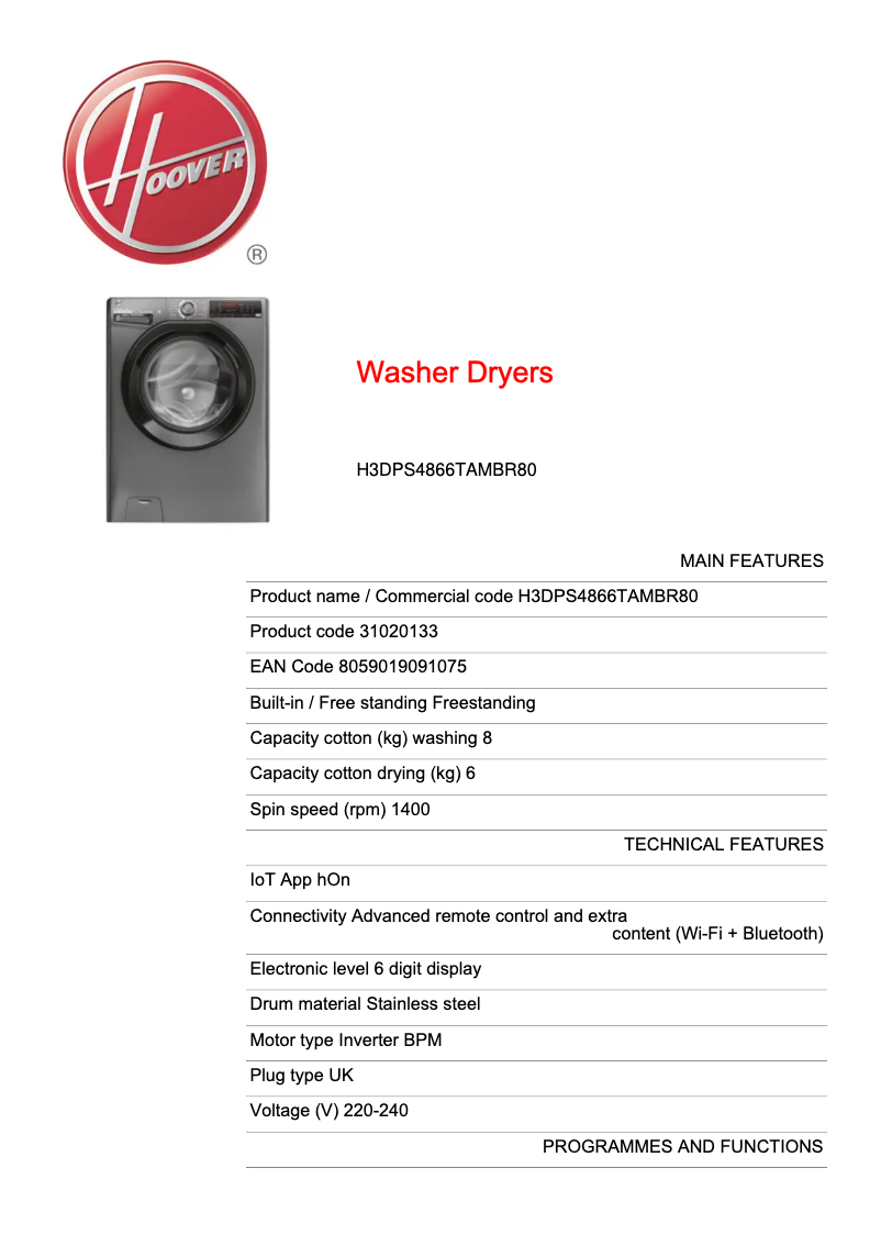 First page image of the manual for H3DPS4866TAMBR80