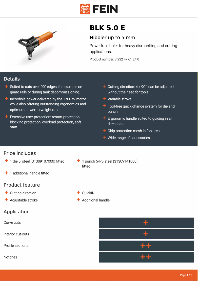 Page 1 of the manual Technical Sheet Fein BLK 5.0 E