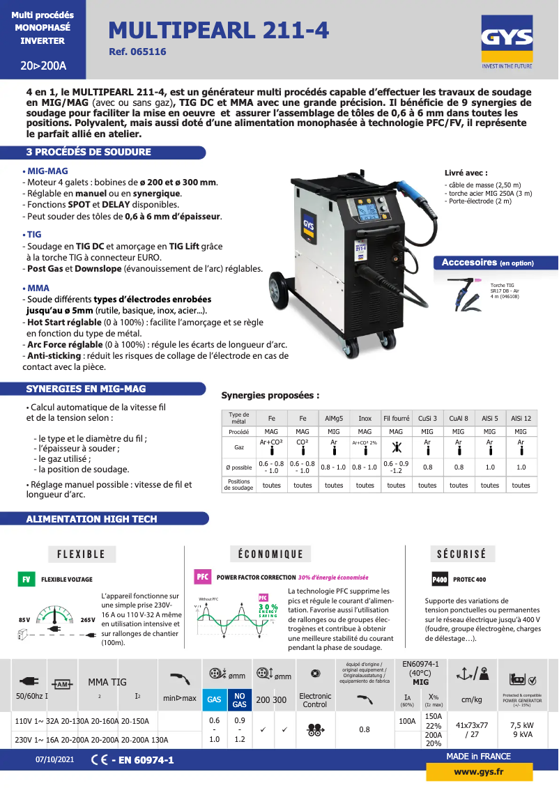 Page 1 of the manual Technical Sheet GYS Multipearl 211-4