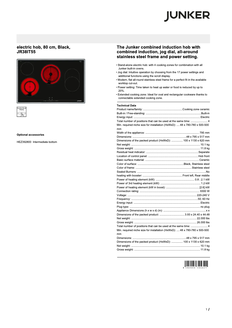 Page 1 of the manual Technical Sheet Junker JR38IT55