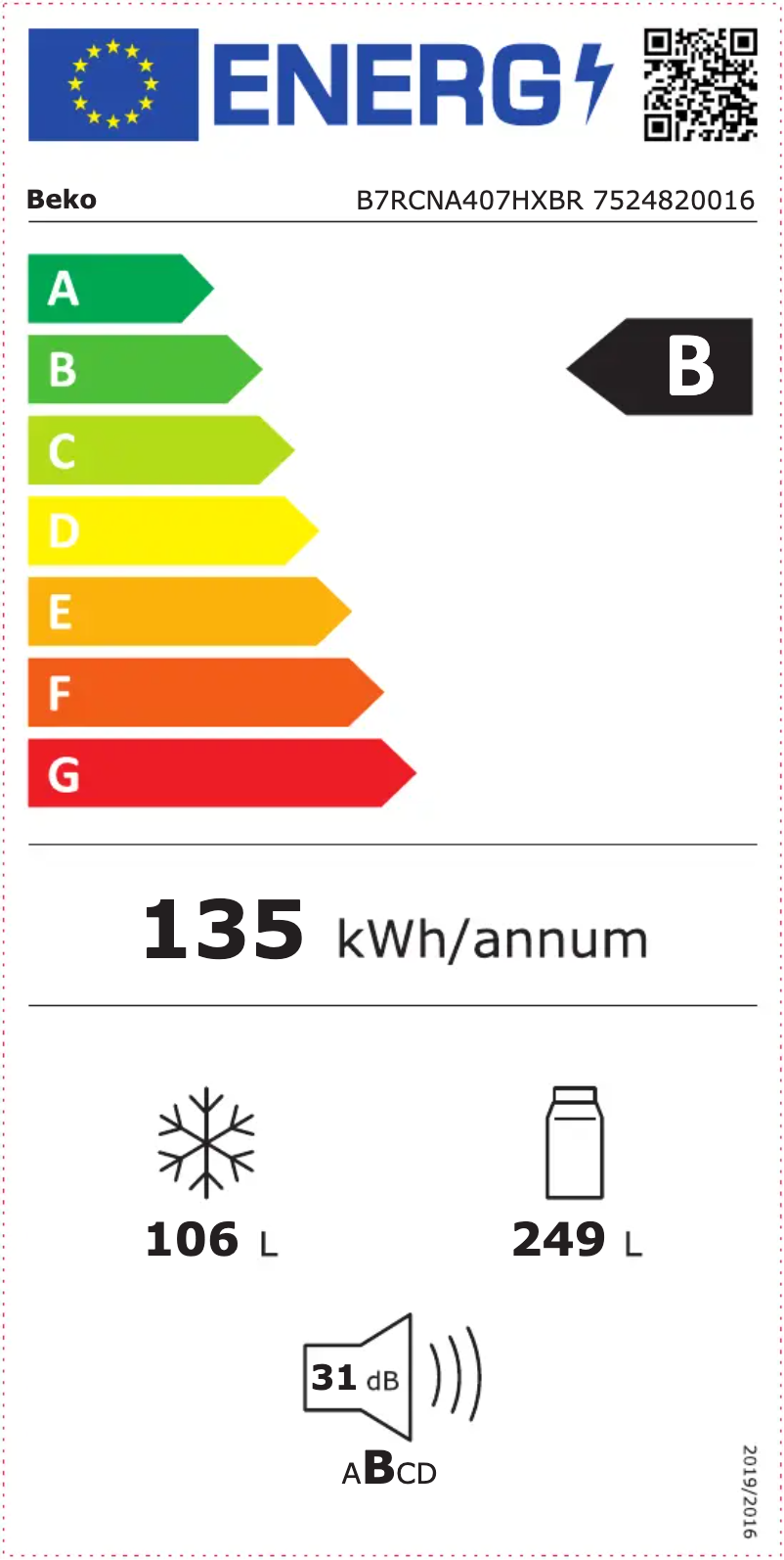 Page 1 of the manual Energy Label Beko B7RCNA407HXBR