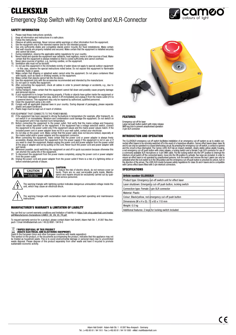 First page image of the manual for EKS XLR