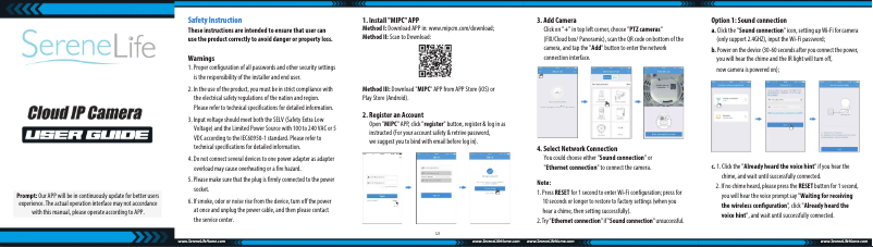 Page 1 de la notice Manuel utilisateur SereneLife IPCAMHD15