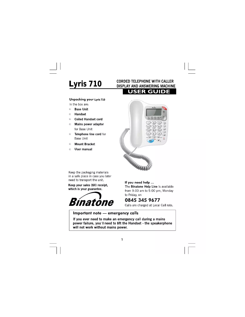 Page 1 of the manual User Manual Binatone Lyris 710