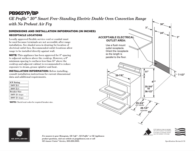 Page 1 of the manual Technical Sheet GE Profile PB965BPTS