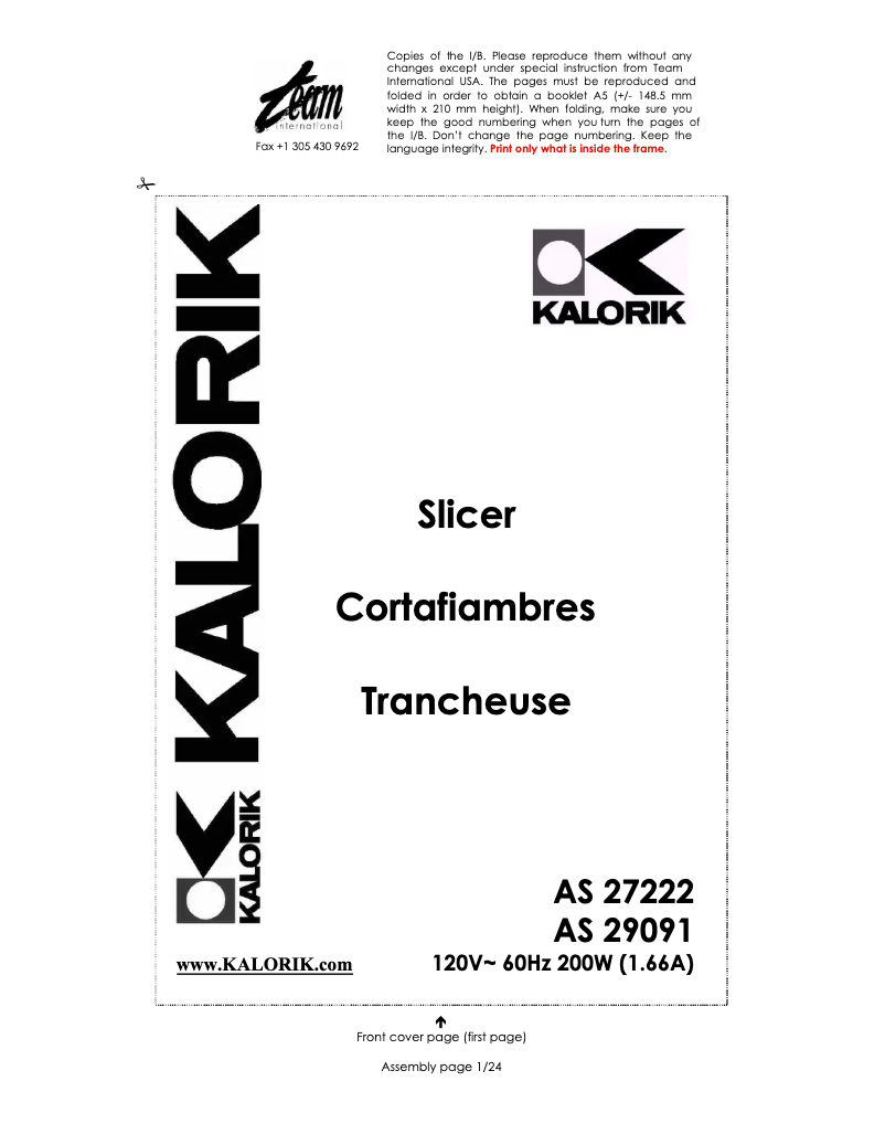 Page 1 of the manual User Manual Kalorik AS-29091-R