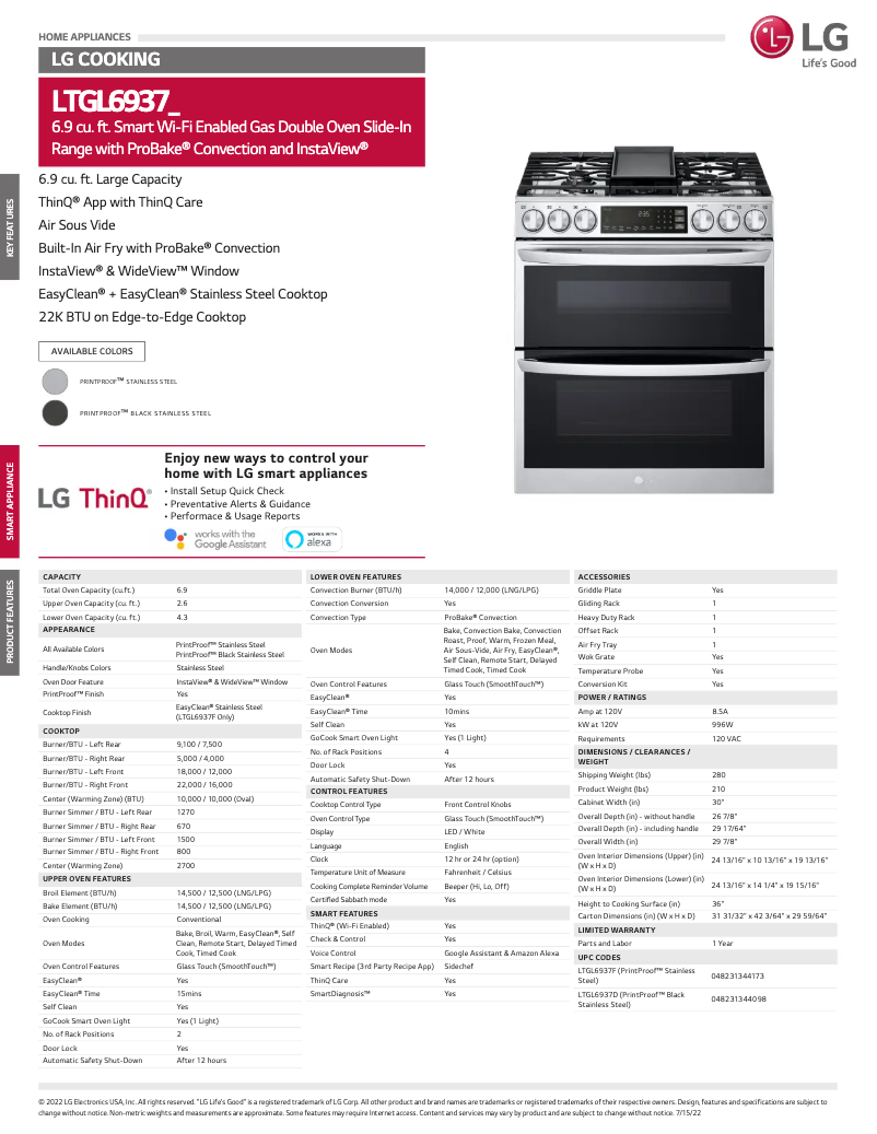 Page 1 of the manual Technical Sheet LG LTGL6937F