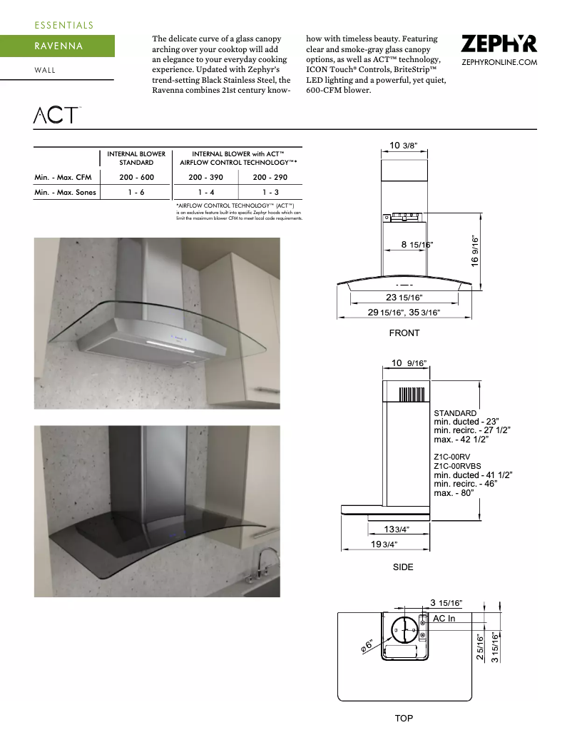 Page 1 of the manual Technical Sheet Zephyr ZRV-E30BGC