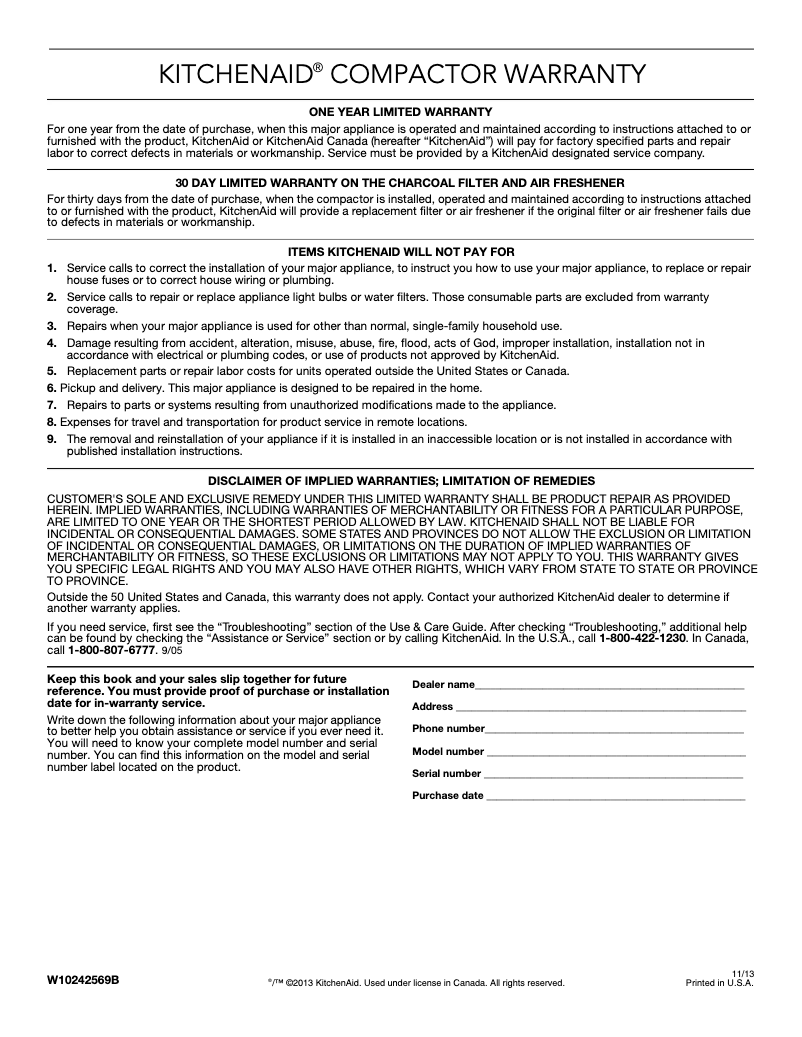 Page 1 of the manual Warranty Information KitchenAid KUCS03FTPA