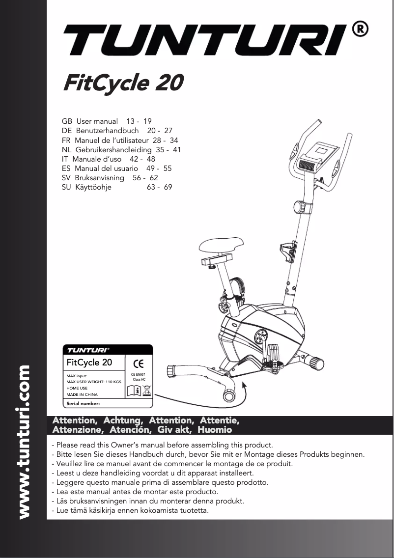 Page 1 de la notice Manuel utilisateur Tunturi FitCycle 20