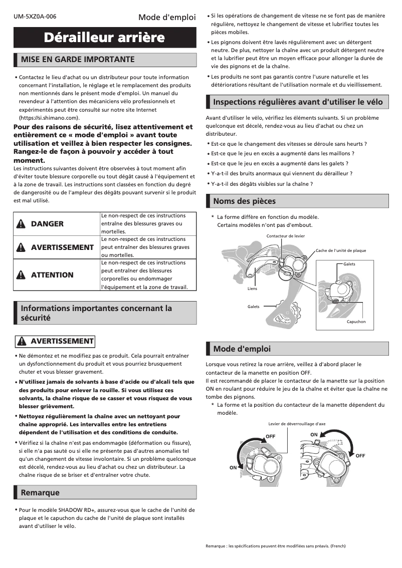 Page 1 of the manual User Manual Shimano RD-M8000-SGS