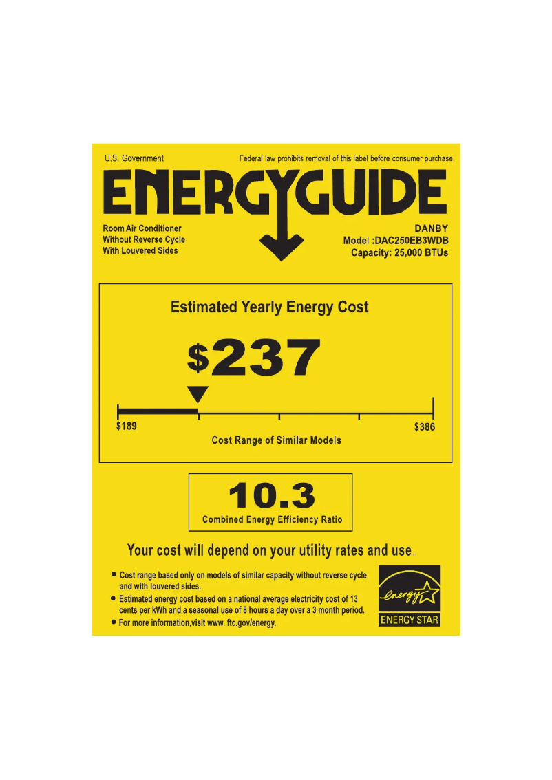 Page 1 of the manual Energy Label Danby DAC250EB3WDB