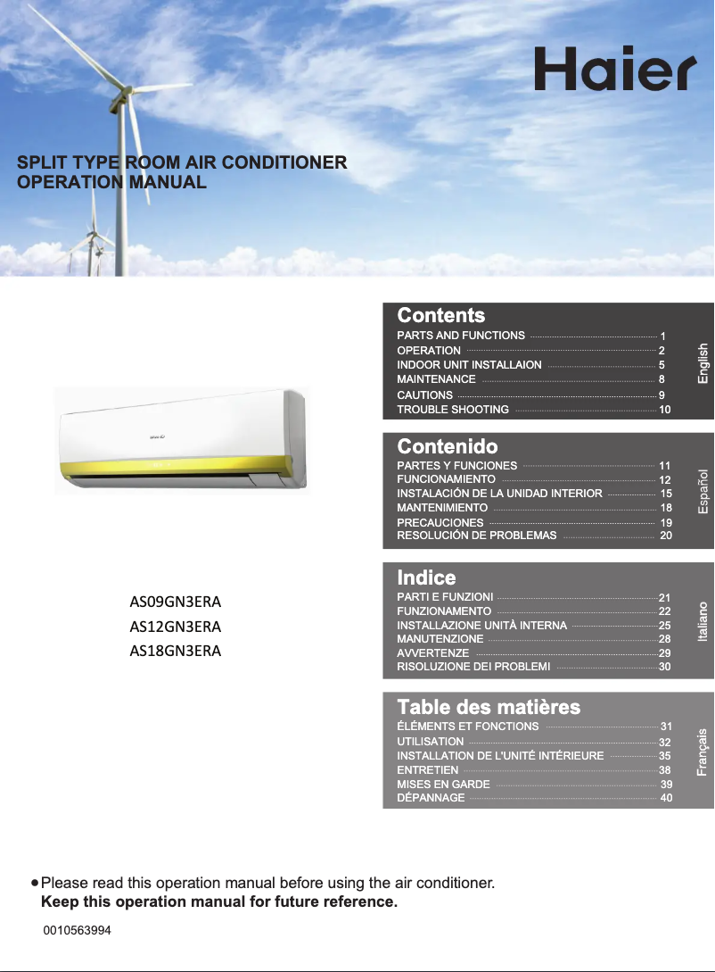 First page image of the manual for AS18GN3ERA