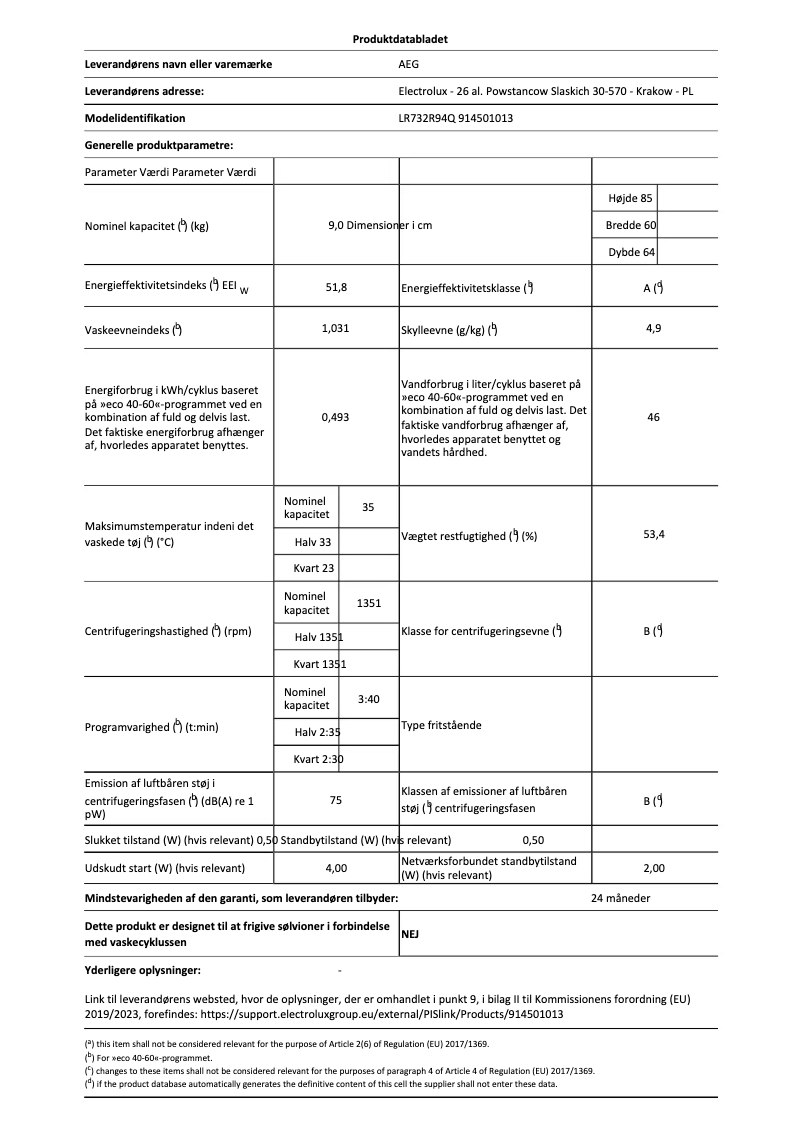 Page 1 of the manual Technical Sheet AEG LR732R94Q