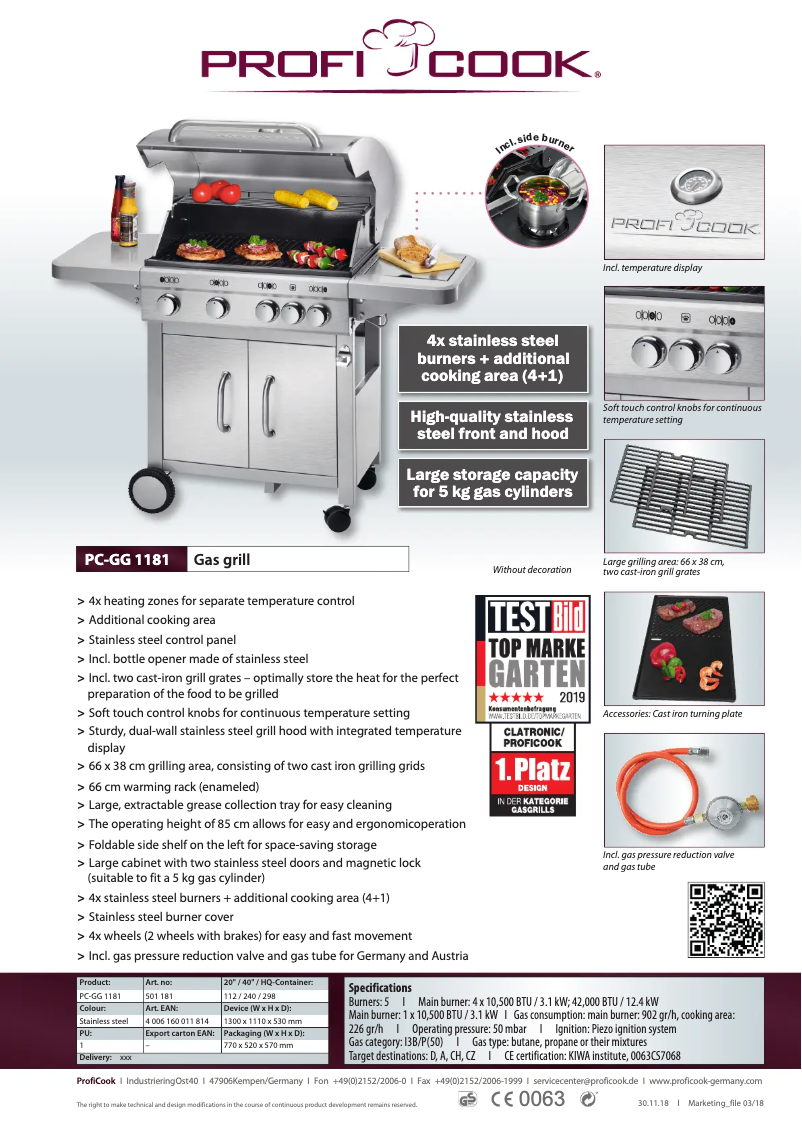 Page 1 of the manual Technical Sheet ProfiCook PC-GG 1181