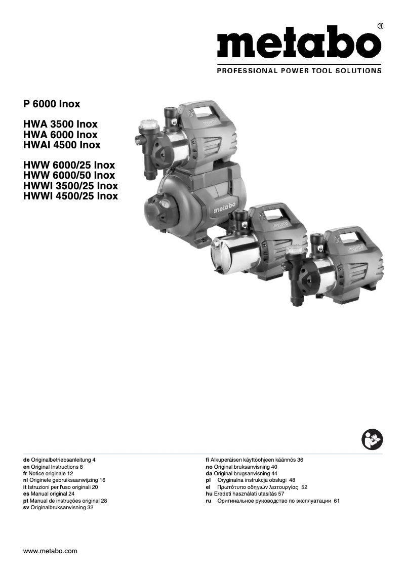 Page 1 of the manual User Manual Metabo HWA 6000 Inox