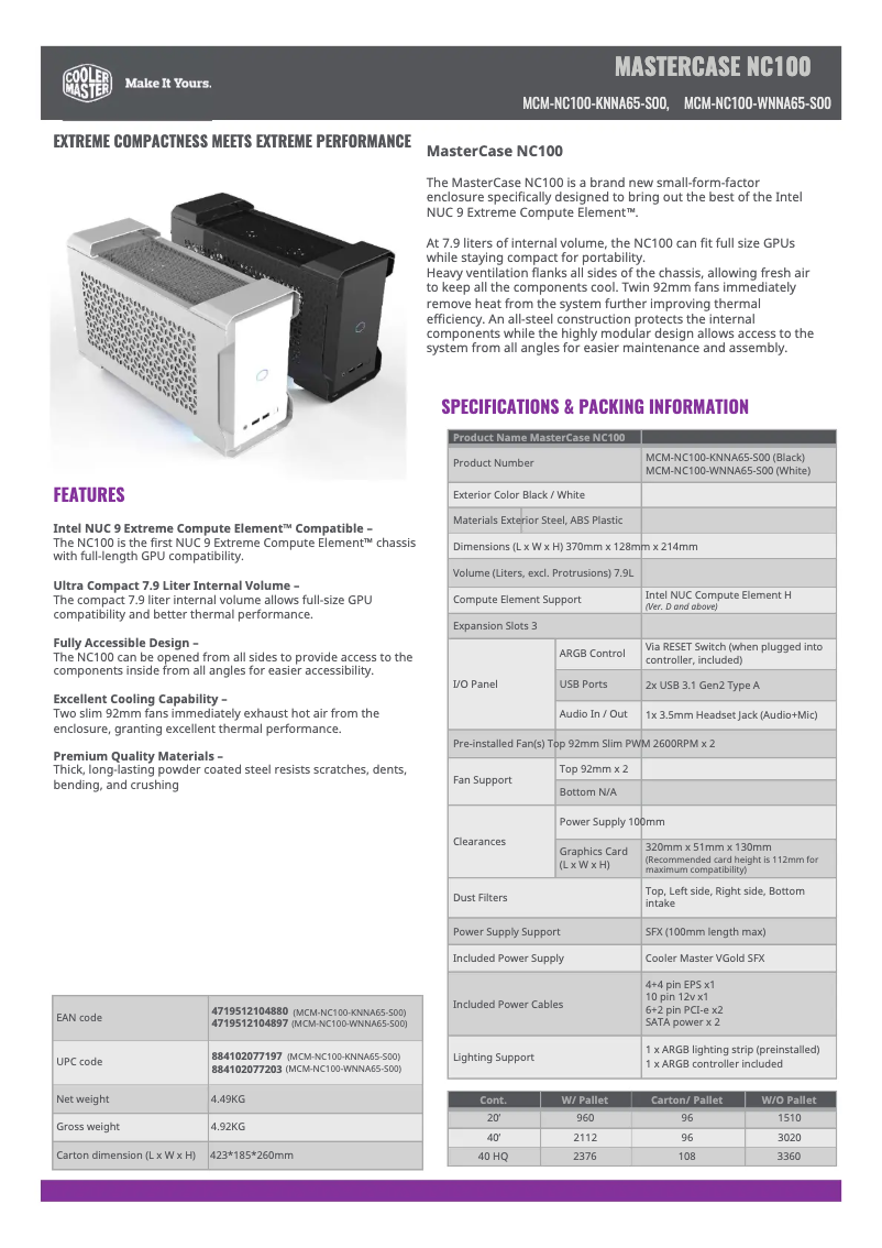First page image of the manual for MasterCase NC100