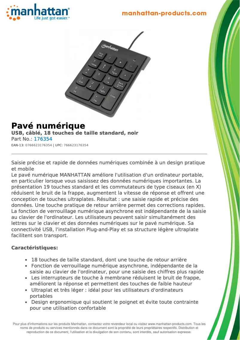 Page 1 of the manual Technical Sheet Manhattan Numeric Wired Keypad 176354