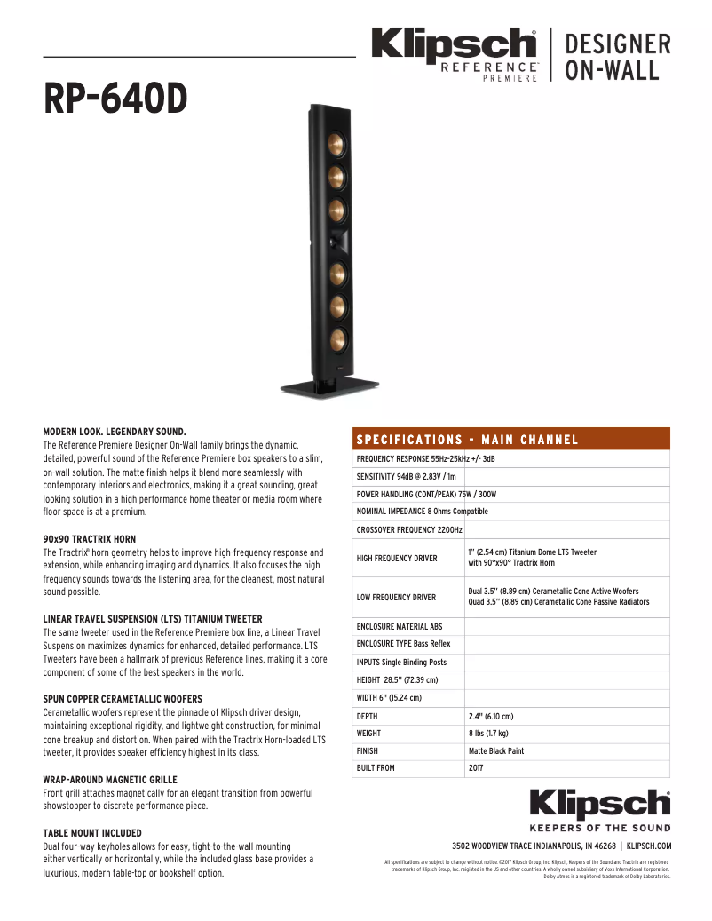Page 1 of the manual Technical Sheet Klipsch Reference Premiere RP-640D