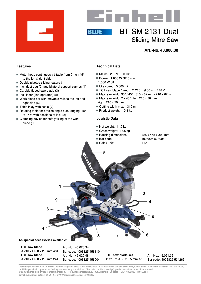 Page 1 of the manual Technical Sheet Einhell BT-SM 2131 Dual