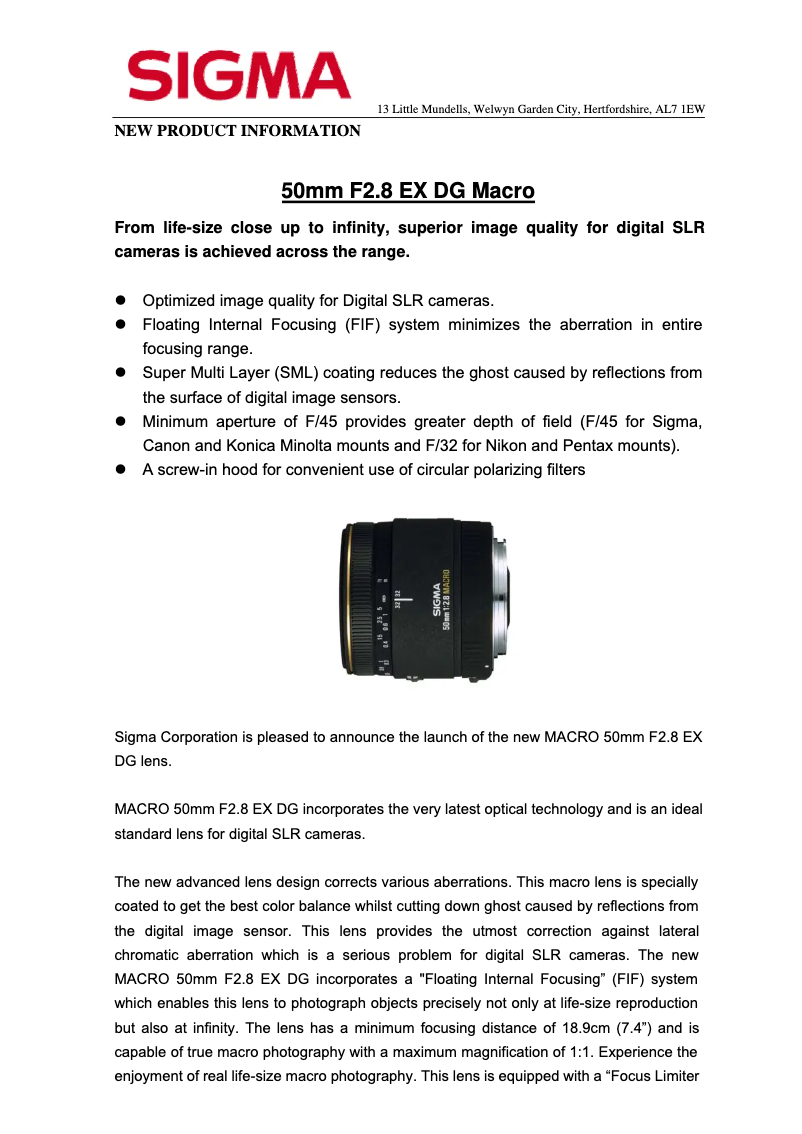 First page image of the manual for 50mm f/2.8 EX DG Macro Nikon