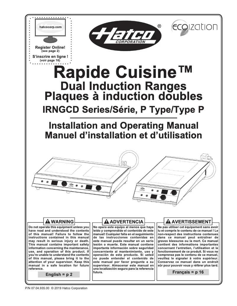 Page 1 of the manual User Manual Hatco Rapide Cuisine IRNG-PC2F-29