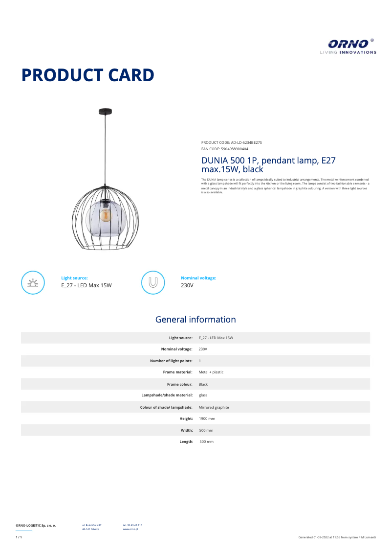 Page 1 of the manual Technical Sheet Adviti AD-LD-6234BE27S