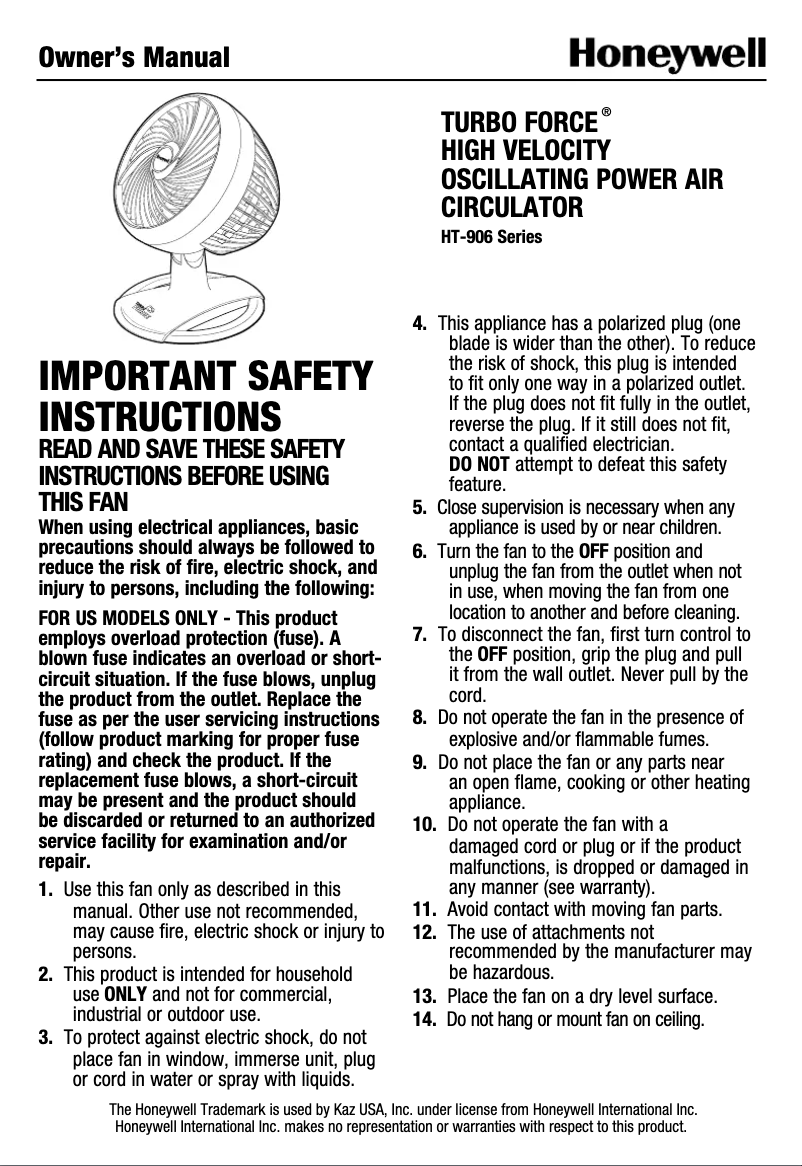 Page 1 of the manual User Manual Honeywell Turbo Force HT-906
