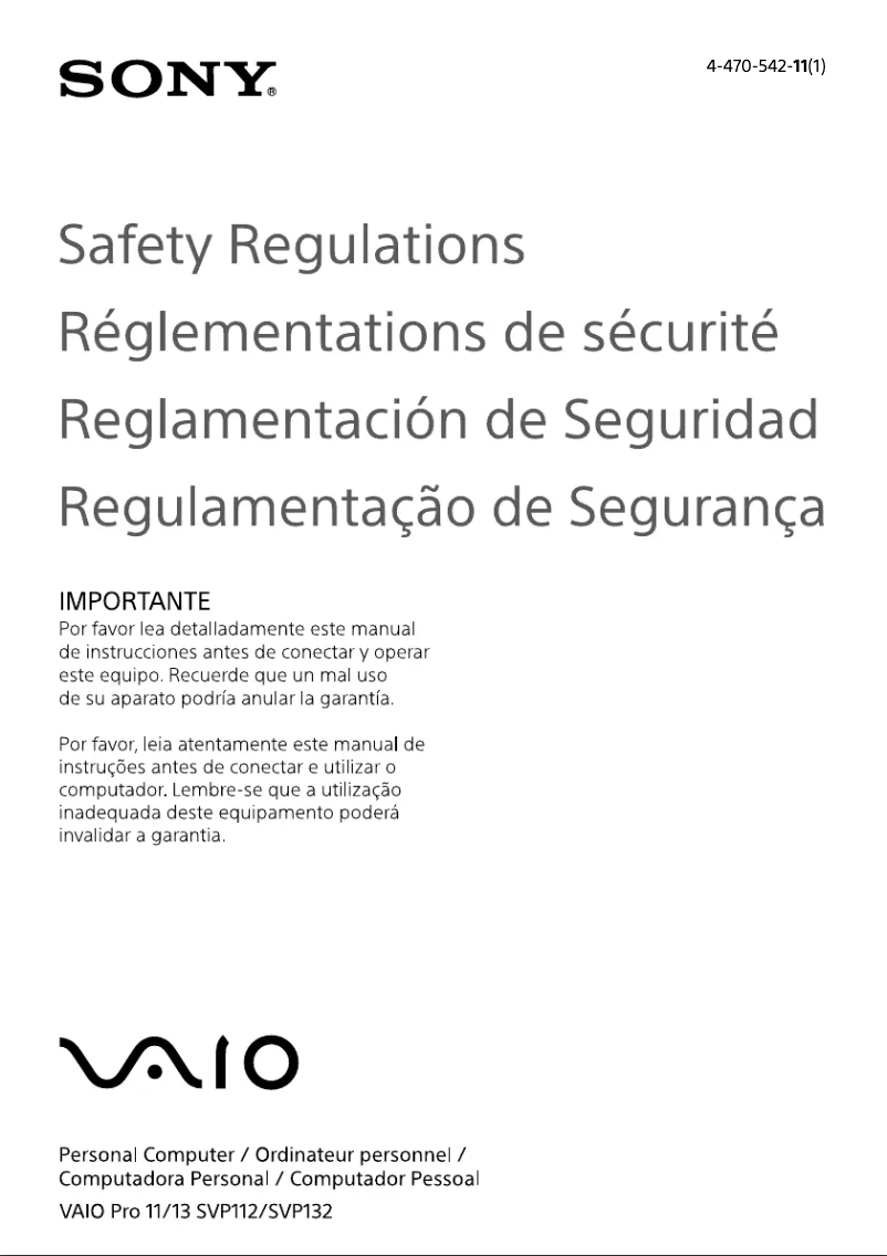 Page 1 of the manual Safety Instructions Sony Vaio SVP1321BPXR